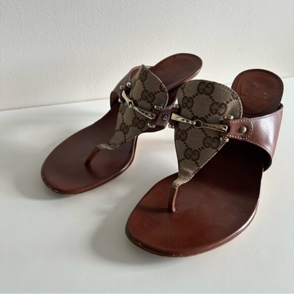 Gucci Horsebit Brown Leather and GG Canvas Slide Sandals Size 8.5B - Picture 6 of 10